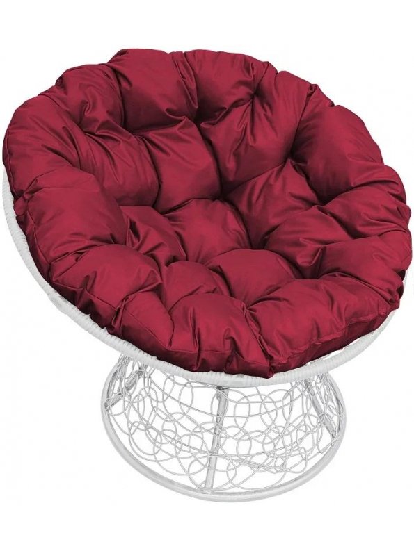 Кресло из ротанга Папасан белое / бордовая подушка