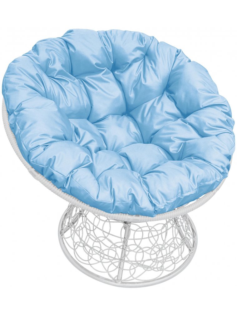 Кресло из ротанга Папасан белое / голубая подушка
