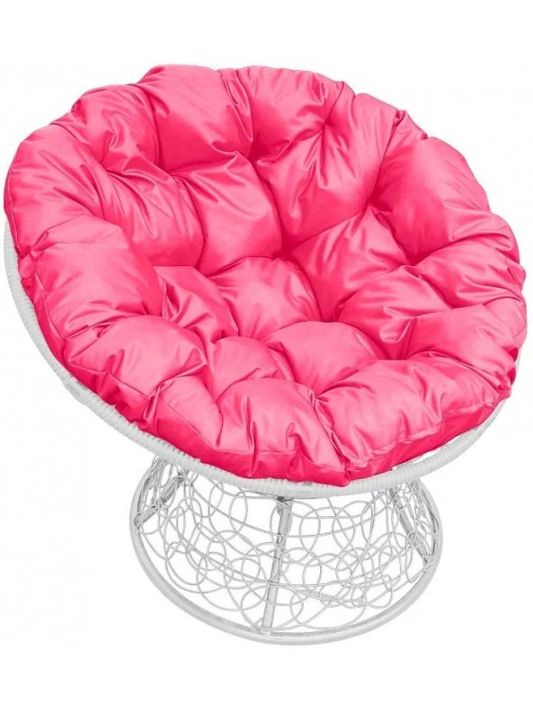 Кресло из ротанга Папасан белое / розовая подушка