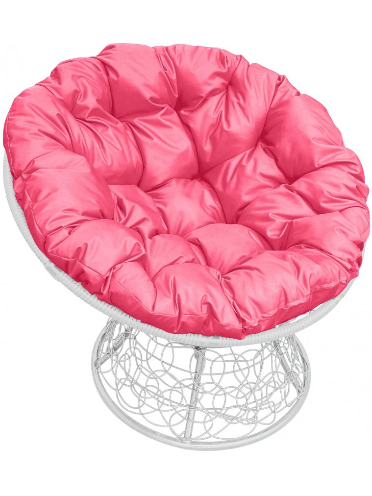 Кресло из ротанга Папасан белое / розовая подушка