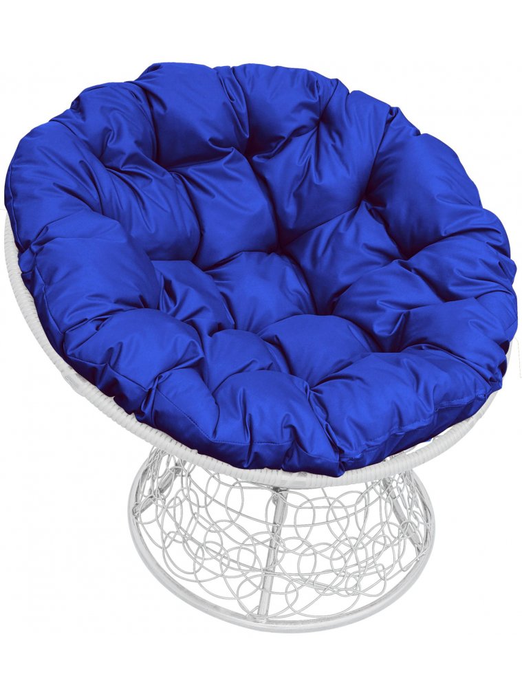 Кресло из ротанга Папасан белое / синяя подушка