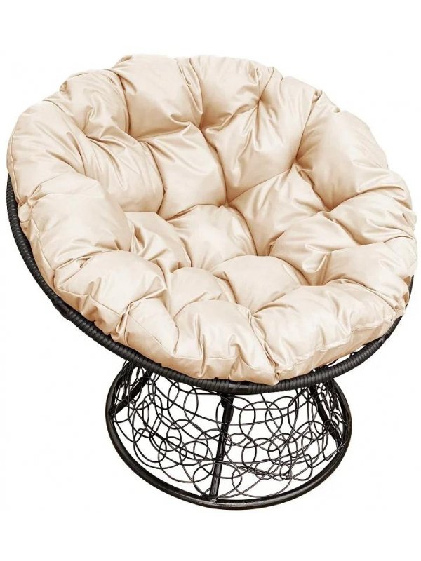 Кресло из ротанга Папасан чёрное / бежевая подушка