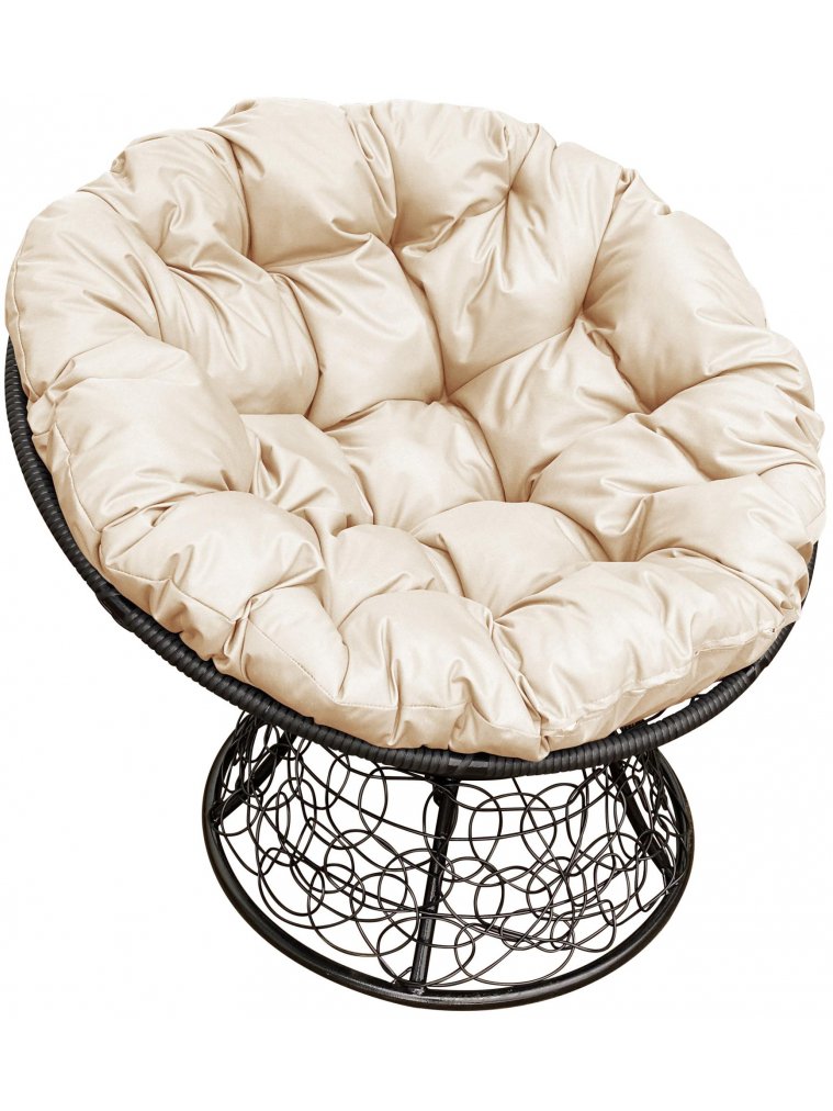 Кресло из ротанга Папасан чёрное / бежевая подушка