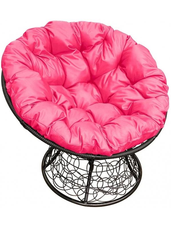 Кресло из ротанга Папасан чёрное / розовая подушка
