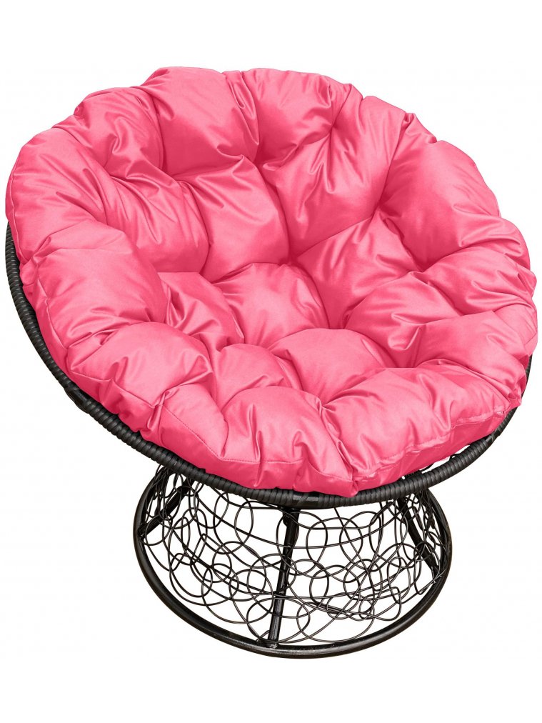 Кресло из ротанга Папасан чёрное / розовая подушка