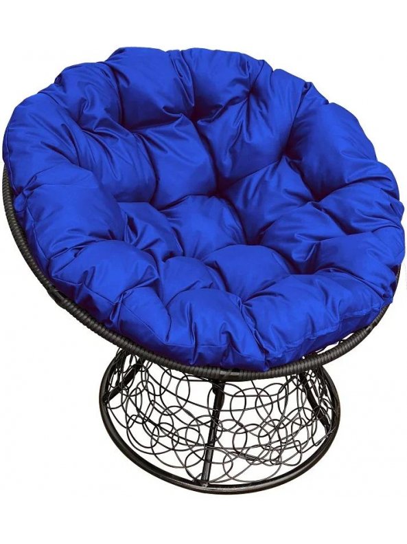 Кресло из ротанга Папасан чёрное / синяя подушка