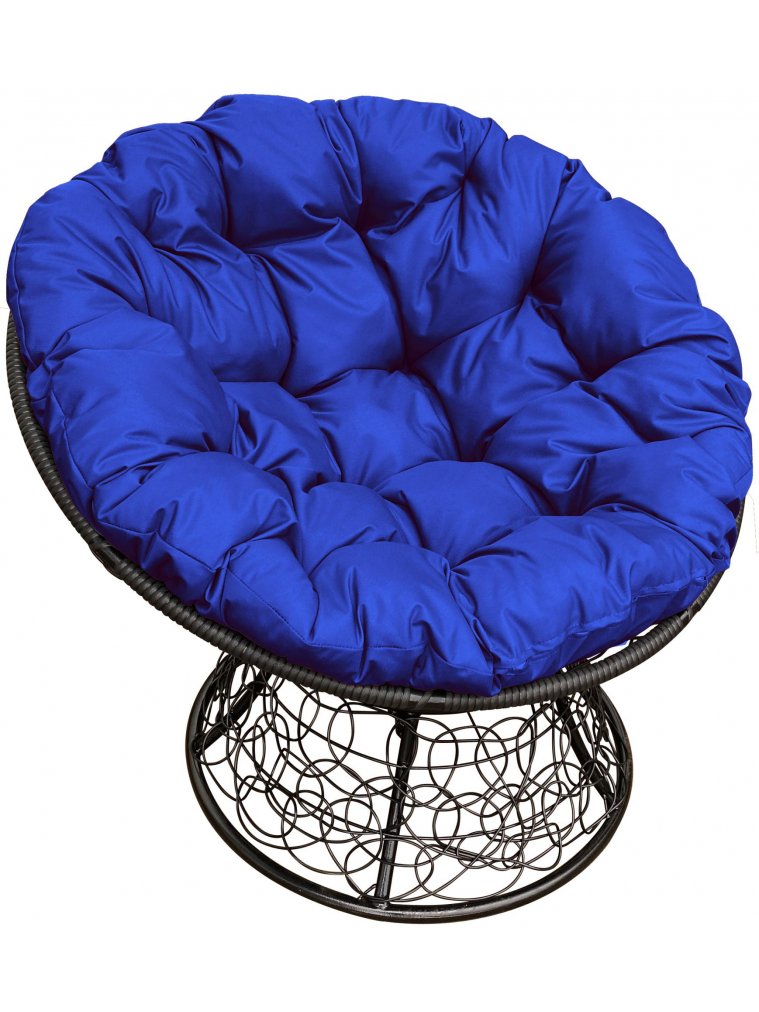 Кресло из ротанга Папасан чёрное / синяя подушка