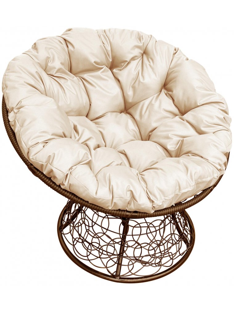 Кресло из ротанга Папасан коричневое / бежевая подушка