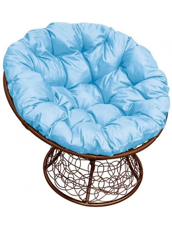 Кресло из ротанга Папасан коричневое / голубая подушка