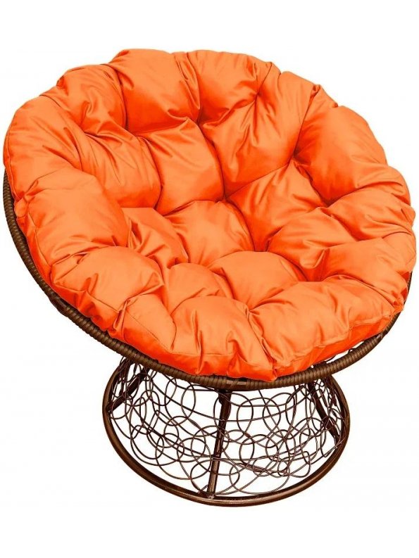Кресло из ротанга Папасан коричневое / оранжевая подушка