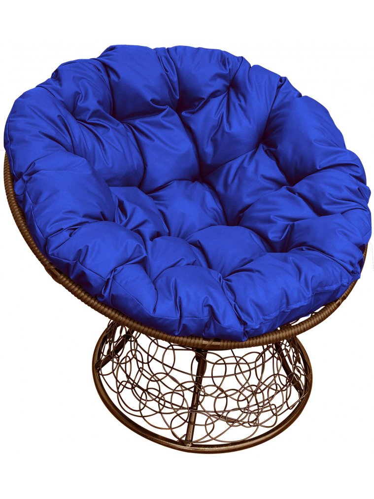 Кресло из ротанга Папасан коричневое / синяя подушка