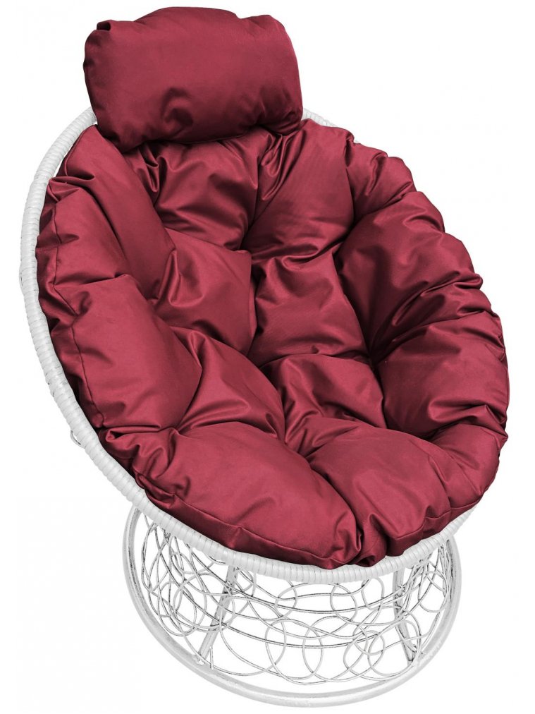 Кресло из ротанга Папасан мини белое / бордовая подушка