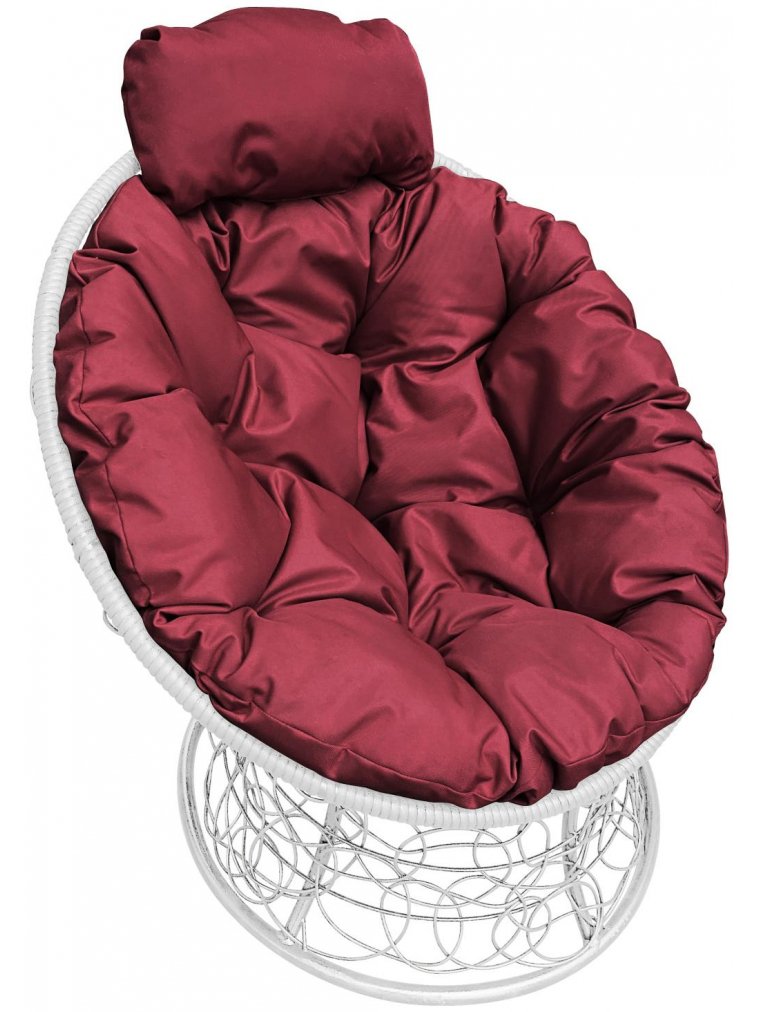 Кресло из ротанга Папасан мини белое / бордовая подушка
