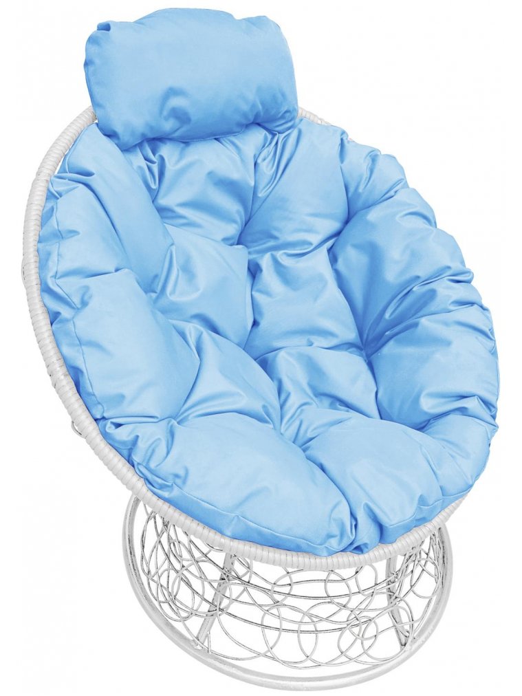 Кресло из ротанга Папасан мини белое / голубая подушка