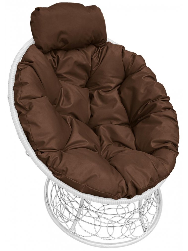 Кресло из ротанга Папасан мини белое / коричневая подушка