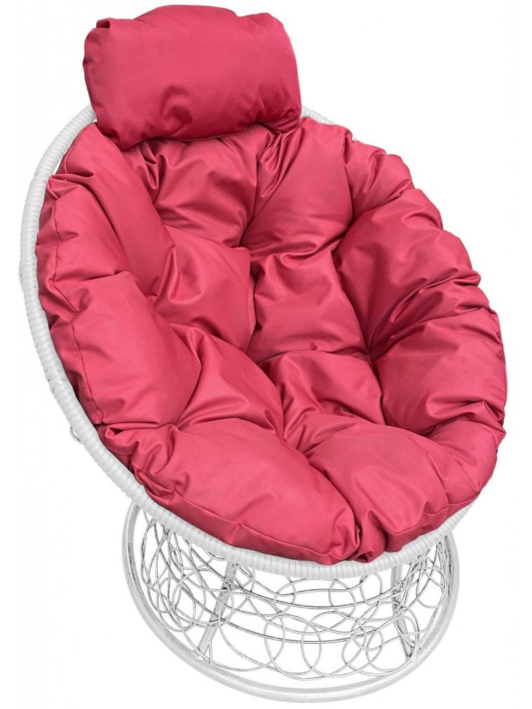 Кресло из ротанга Папасан мини белое / красная подушка