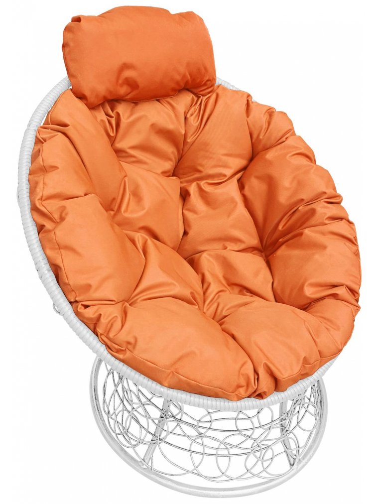 Кресло из ротанга Папасан мини белое / оранжевая подушка