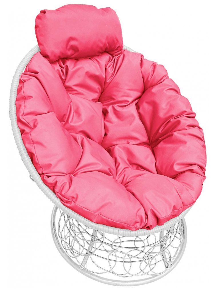 Кресло из ротанга Папасан мини белое / розовая подушка