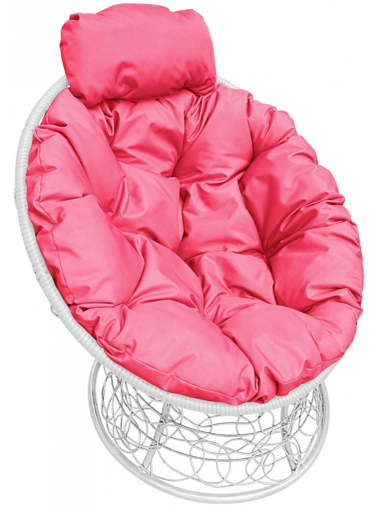 Кресло из ротанга Папасан мини белое / розовая подушка