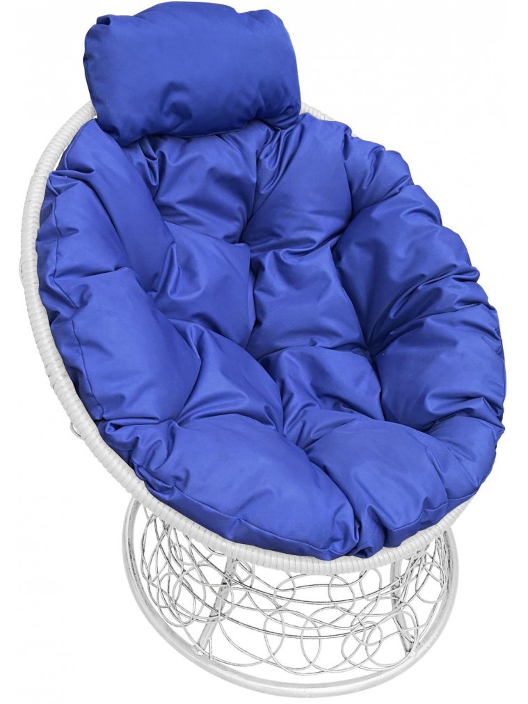 Кресло из ротанга Папасан мини белое / синяя подушка