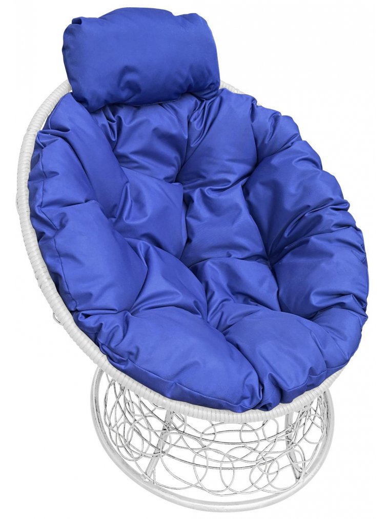 Кресло из ротанга Папасан мини белое / синяя подушка