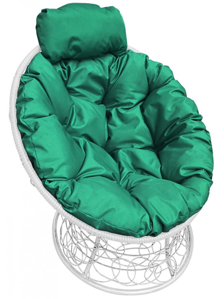 Кресло из ротанга Папасан мини белое / зелёная подушка