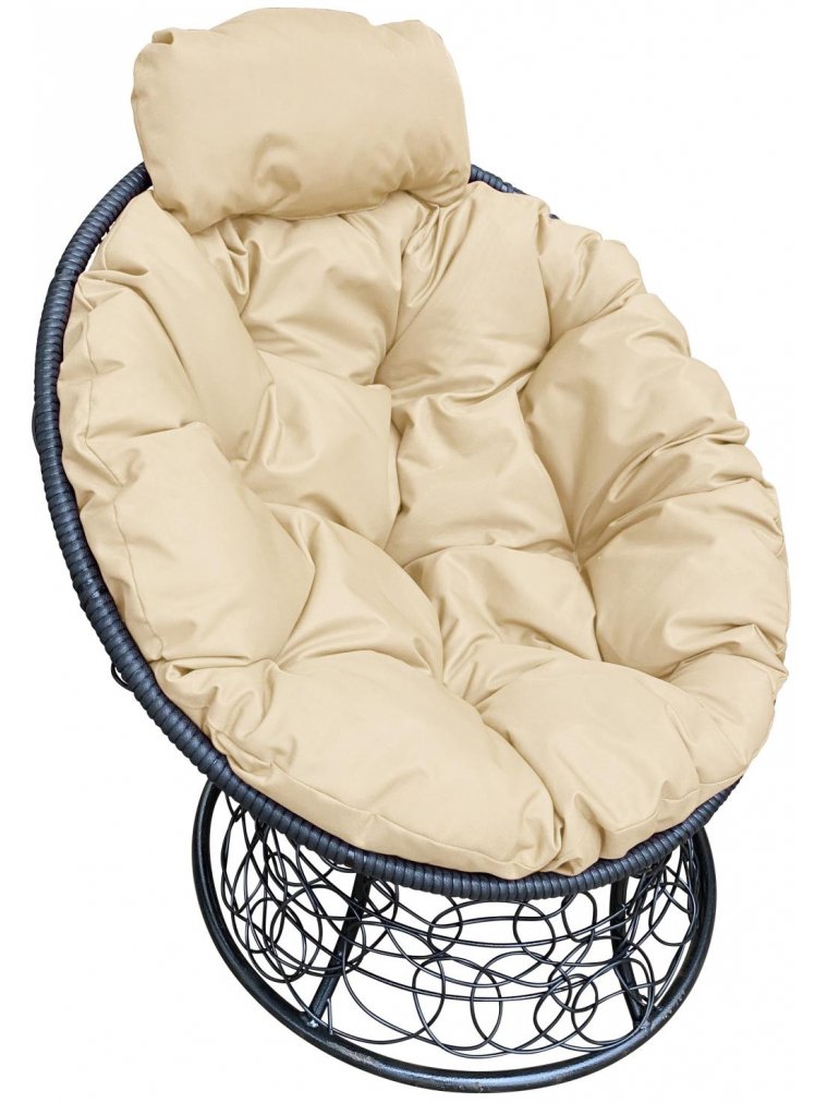 Кресло из ротанга Папасан мини чёрное / бежевая подушка