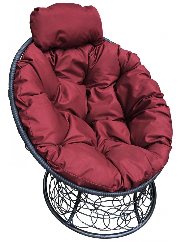 Кресло из ротанга Папасан мини чёрное / бордовая подушка