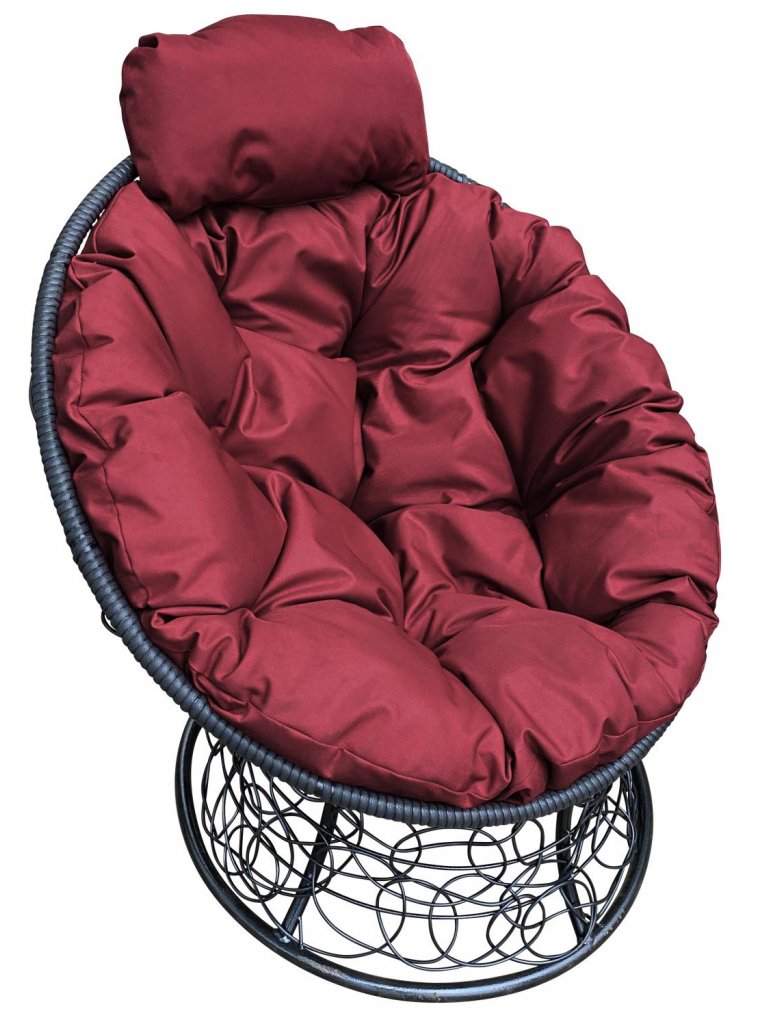 Кресло из ротанга Папасан мини чёрное / бордовая подушка