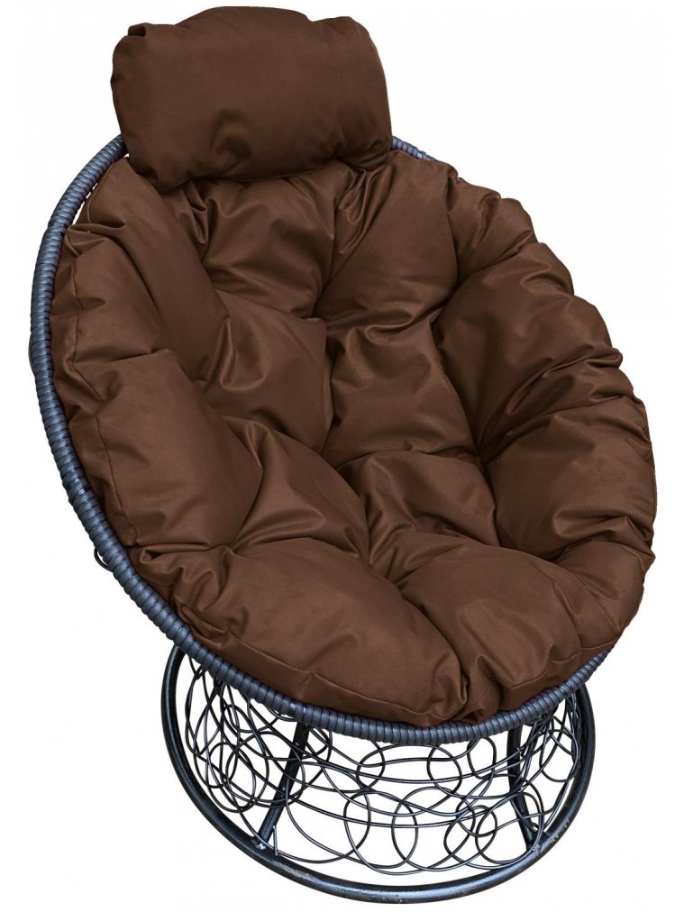 Кресло из ротанга Папасан мини чёрное / коричневая подушка