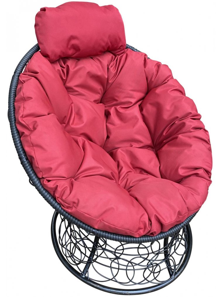 Кресло из ротанга Папасан мини чёрное / красная подушка