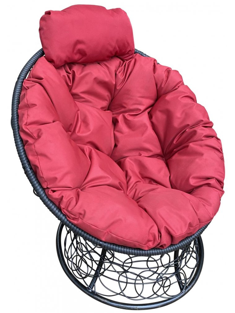 Кресло из ротанга Папасан мини чёрное / красная подушка