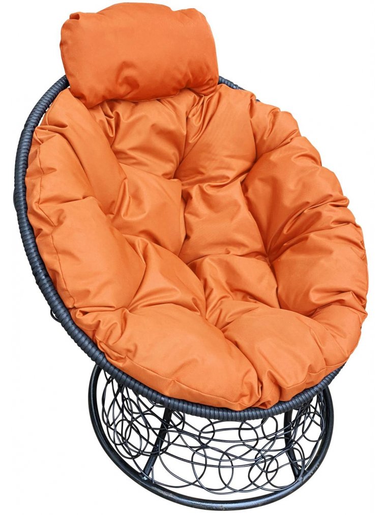 Кресло из ротанга Папасан мини чёрное / оранжевая подушка