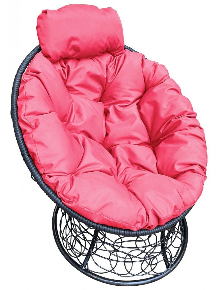 Кресло из ротанга Папасан мини чёрное / розовая подушка