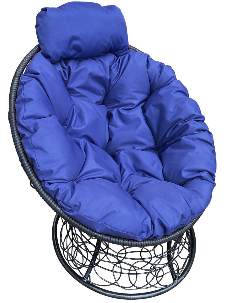 Кресло из ротанга Папасан мини чёрное / синяя подушка