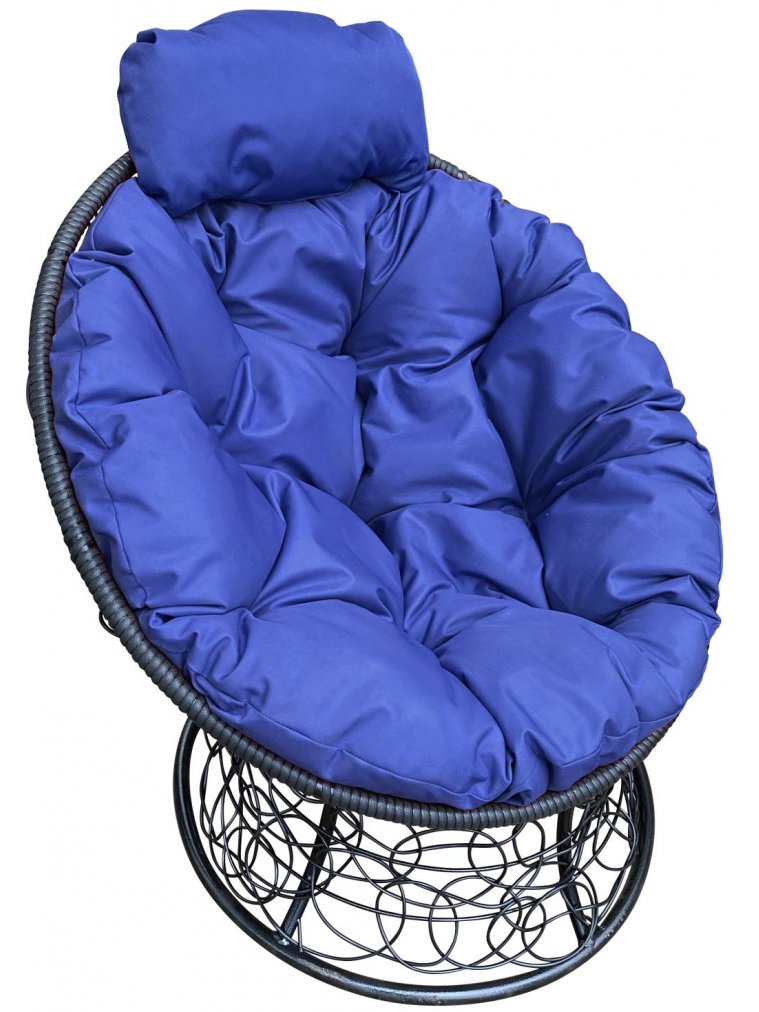 Кресло из ротанга Папасан мини чёрное / синяя подушка
