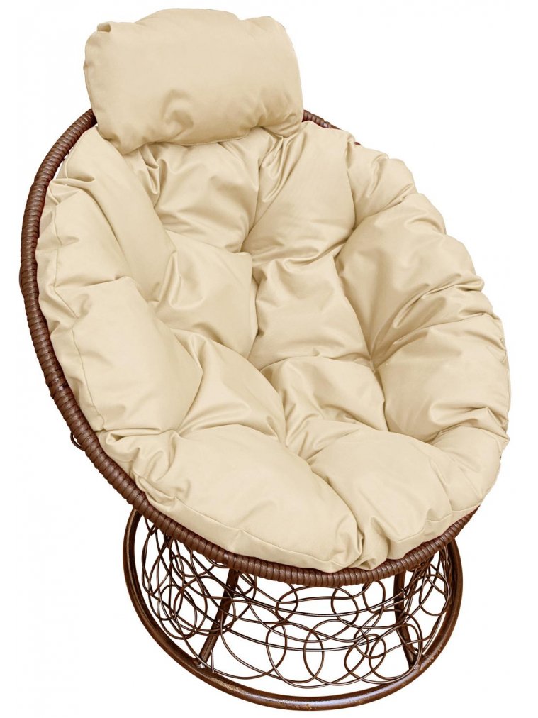 Кресло из ротанга Папасан мини коричневое / бежевая подушка