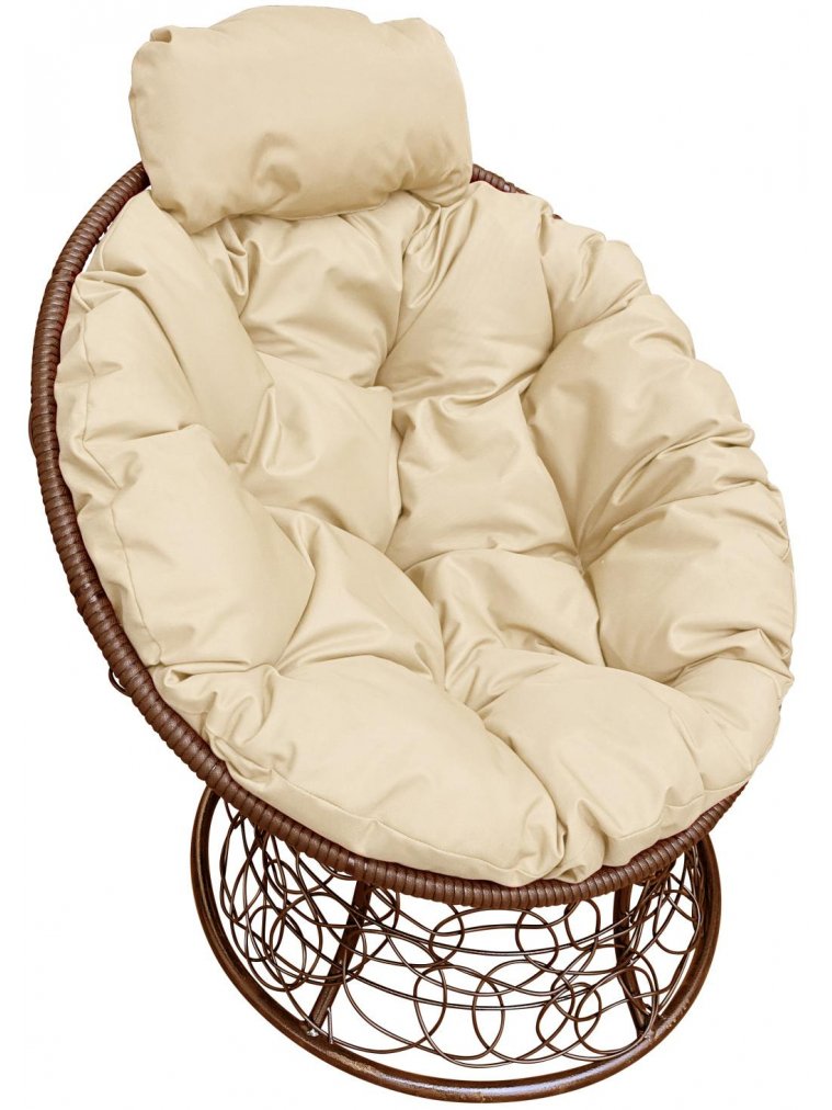 Кресло из ротанга Папасан мини коричневое / бежевая подушка