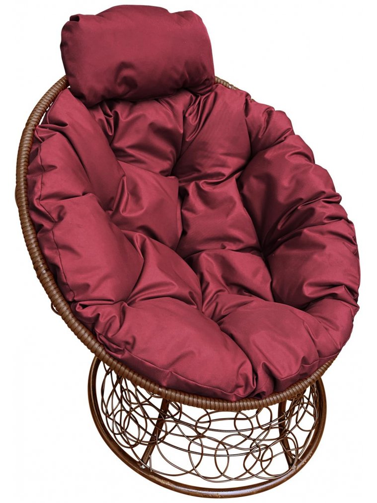 Кресло из ротанга Папасан мини коричневое / бордовая подушка