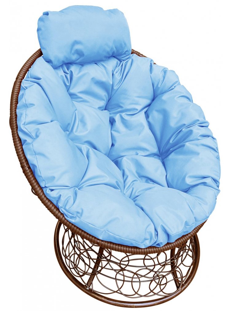 Кресло из ротанга Папасан мини коричневое / голубая подушка