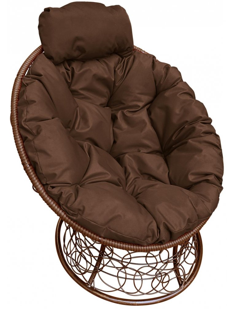 Кресло из ротанга Папасан мини коричневое / коричневая подушка