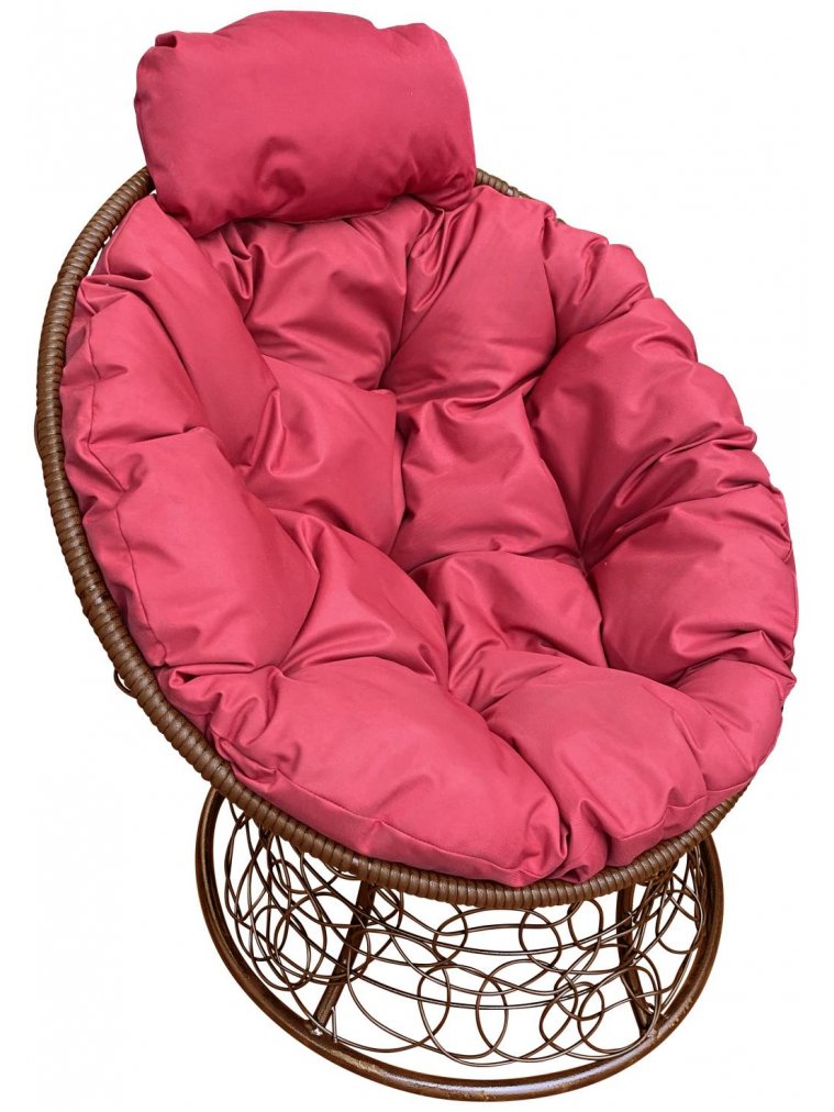 Кресло из ротанга Папасан мини коричневое / красная подушка