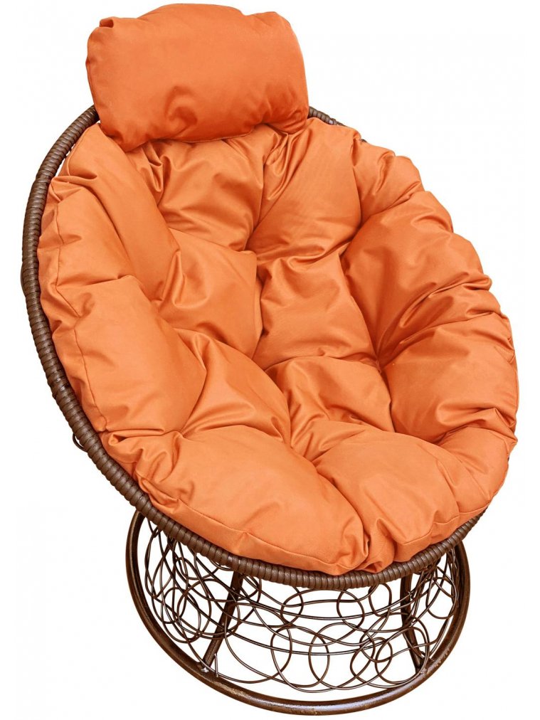 Кресло из ротанга Папасан мини коричневое / оранжевая подушка