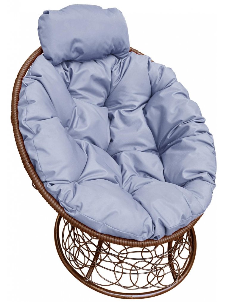 Кресло из ротанга Папасан мини коричневое / серая подушка