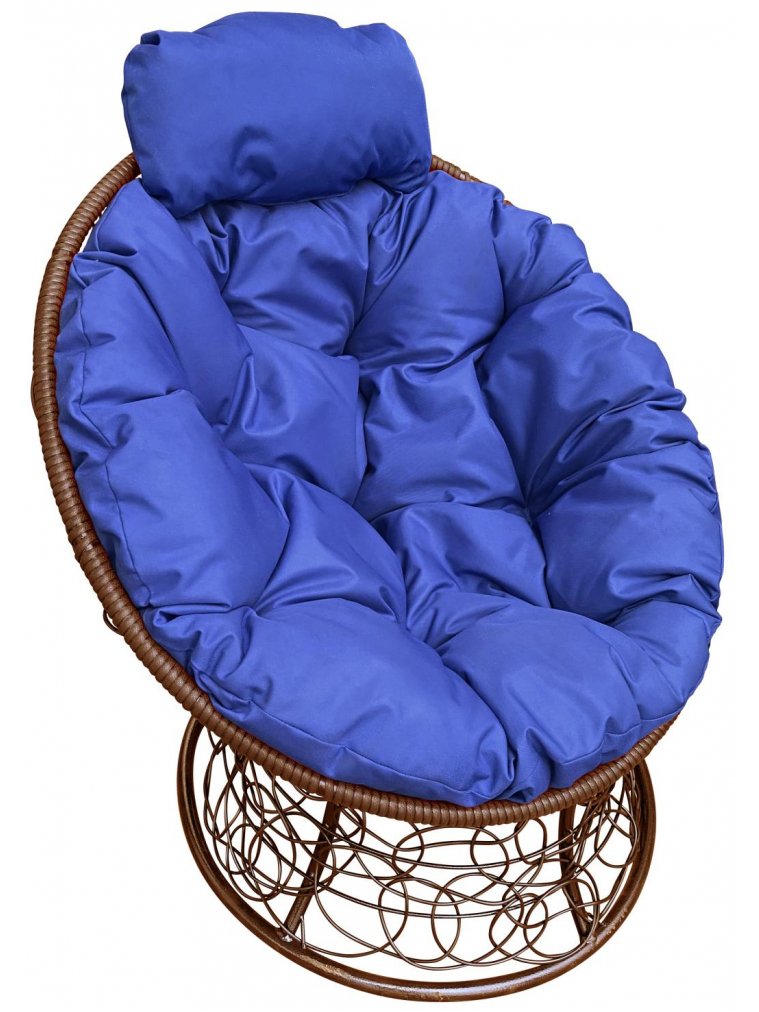 Кресло из ротанга Папасан мини коричневое / синяя подушка