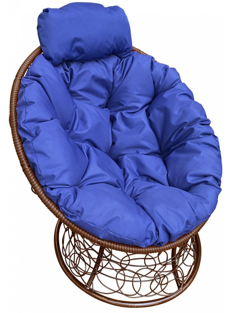 Кресло из ротанга Папасан мини коричневое / синяя подушка