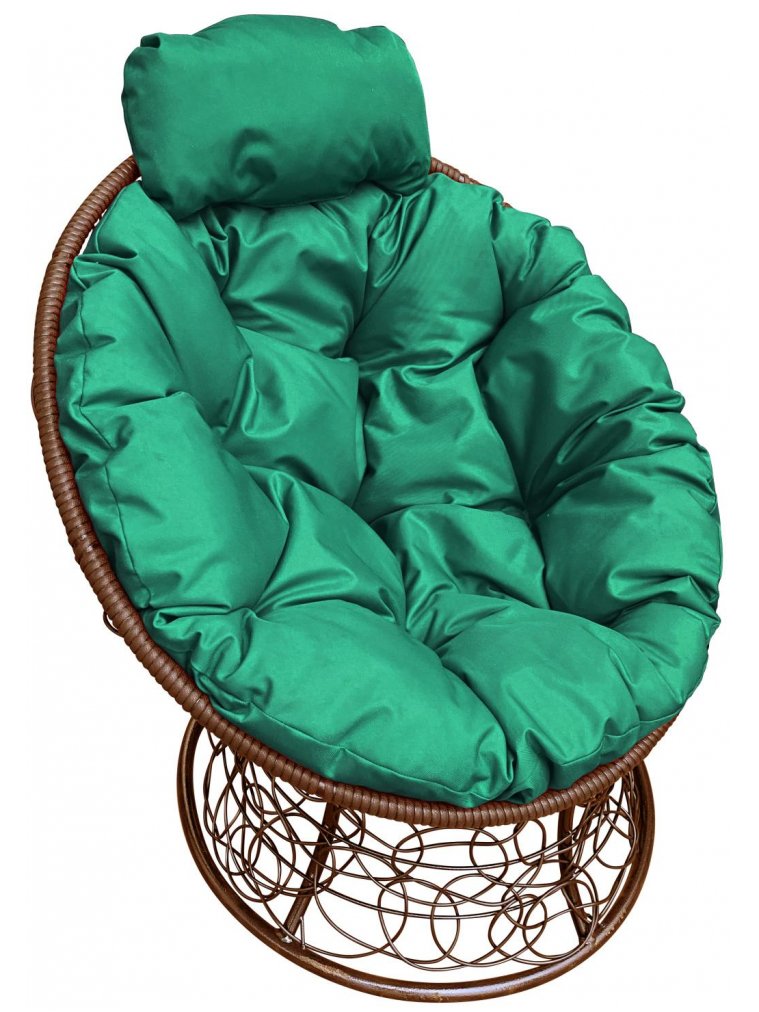 Кресло из ротанга Папасан мини коричневое / зелёная подушка
