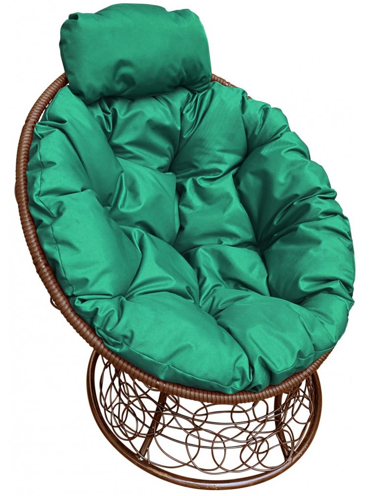 Кресло из ротанга Папасан мини коричневое / зелёная подушка