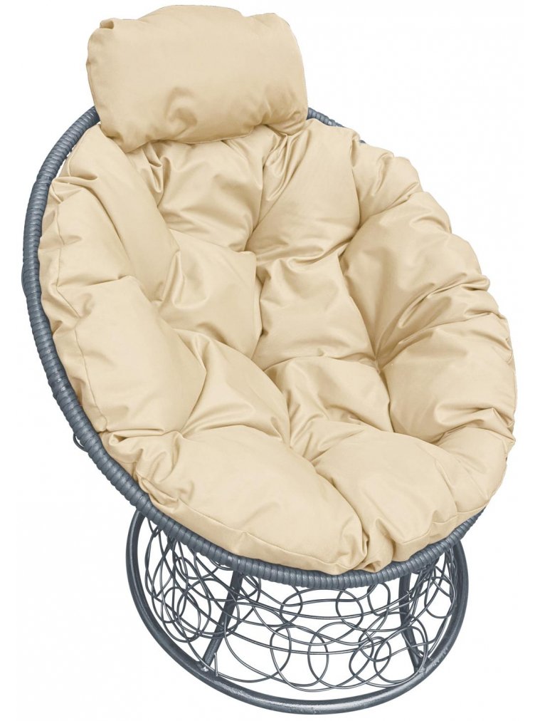 Кресло из ротанга Папасан мини серое / бежевая подушка