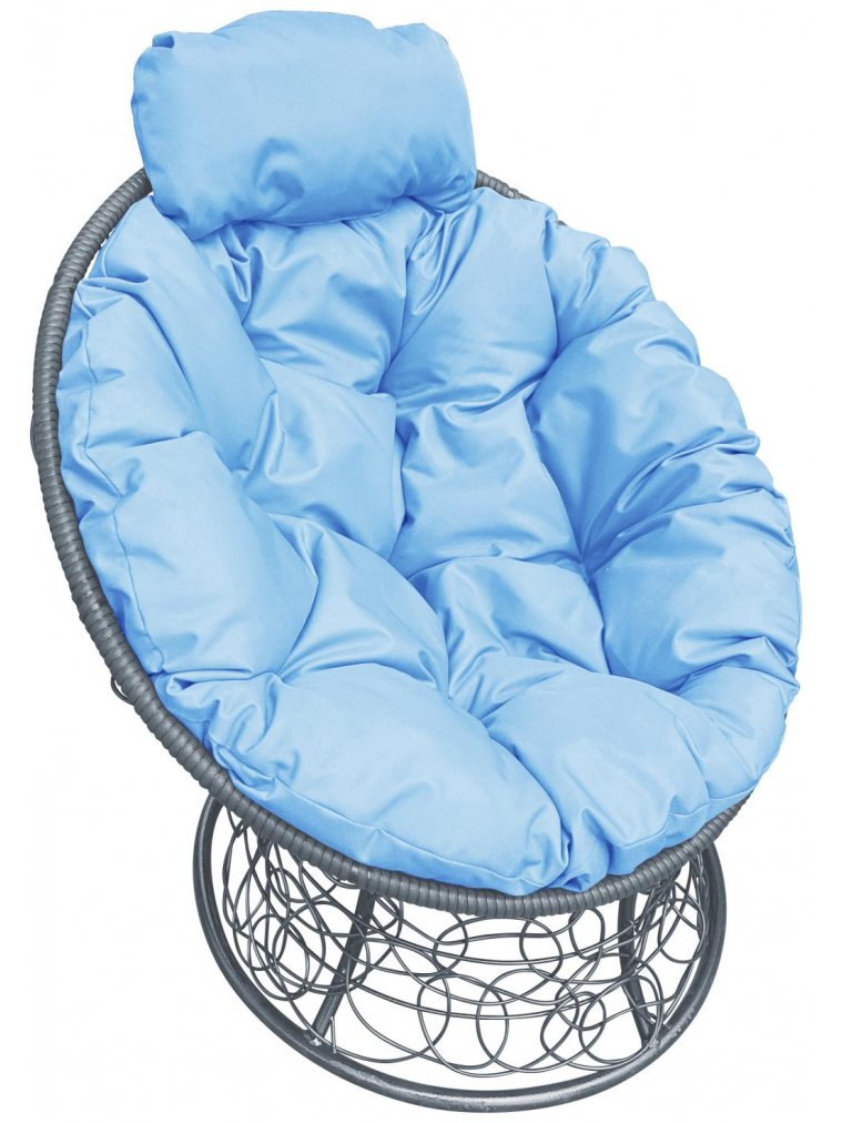 Кресло из ротанга Папасан мини серое / голубая подушка